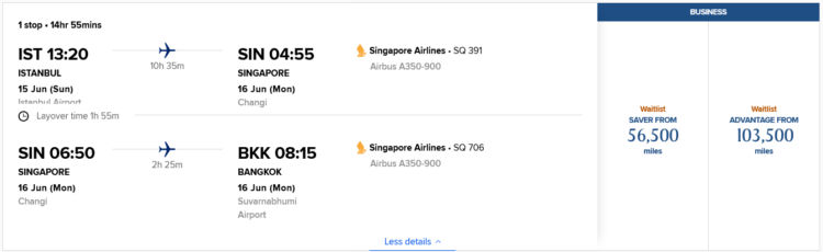 Krisflyer Praemienflug Singapore Airlines Business Class Istanbul Singapur Bangkok