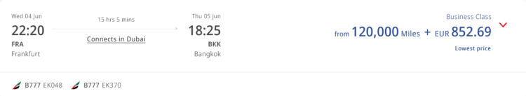 Skywards Praemienflug Emirates Business Class Frankfurt Dubai Bangkok