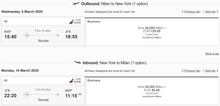 Skywards Praemienflug Emirates Business Class Mailand New York
