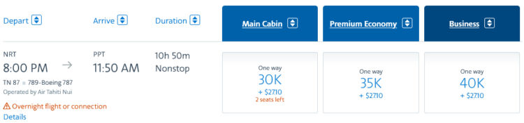 Aadvantage Praemienflug Air Tahiti Nui Business Class Tokio Papeete