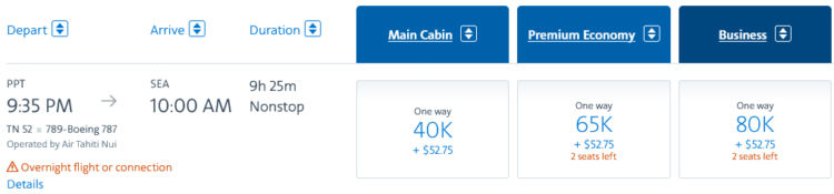 Aadvantage Praemienflug Air Tahiti Nui Papeete Seattle