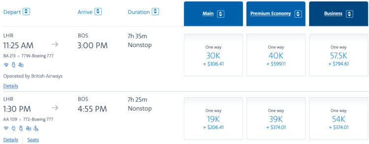 Aadvantage Praemienflug British Airways American Airlines Business Class London Boston