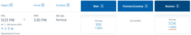 Aadvantage Praemienflug Finnair Business Class Helsinki Miami