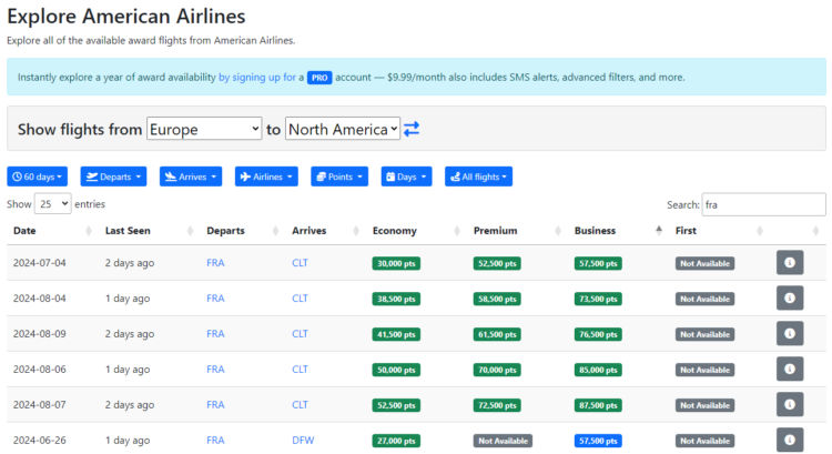 Seats.aero Explore American Airlines Advantage Europa Nordamerika