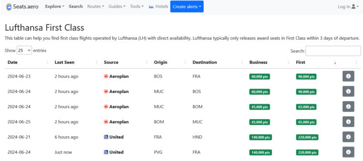 Seats.aero Lufthansa First Class Finder