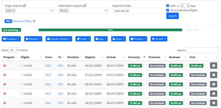 Seats.aero Search Muenchen Boston