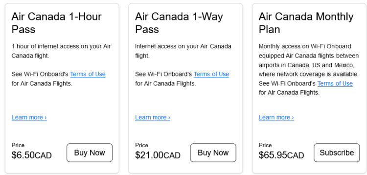 Air Canada Wifi Pakete