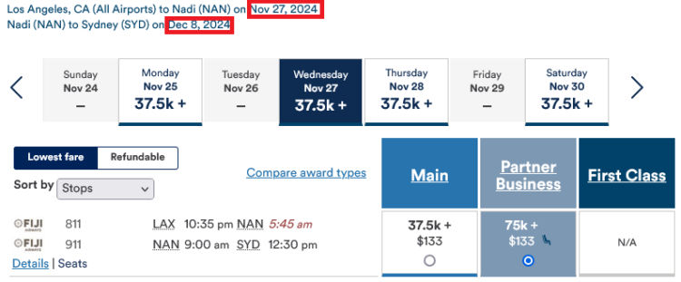 Mileage Plan Praemienflug Fiji Airways Los Angeles Nadi Sydney