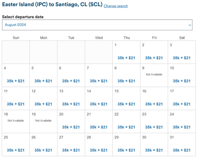 Mileage Plan Kalender Business Class Santiago Osterinsel