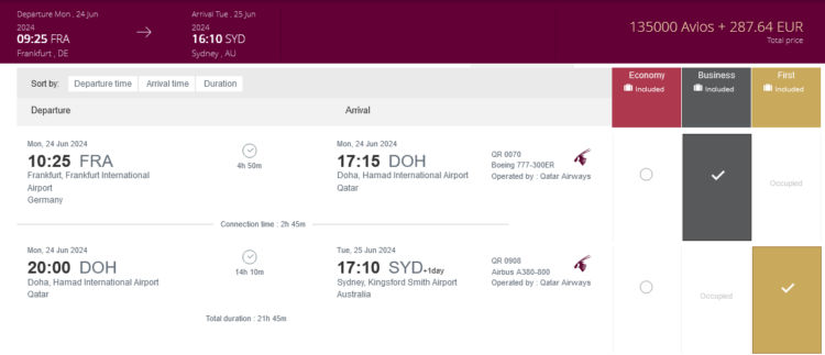 Privilege Club Praemienflug Qatar Airways Business First Class Fra Doh Syd