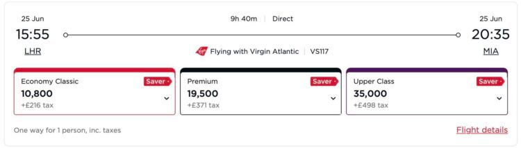Virgin Atlantic Reward Seat Checker Juni 2025 London Miami Beispielbuchung