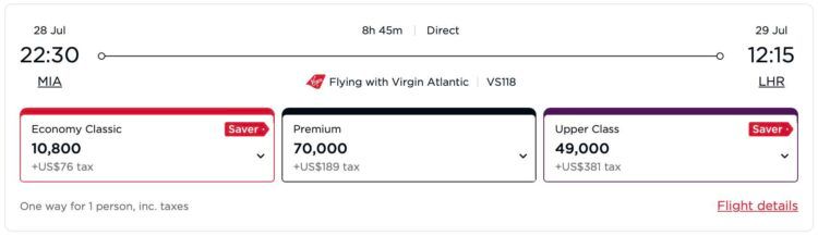 Virgin Atlantic Reward Seat Checker Juni 2025 Miami London Beispielbuchung
