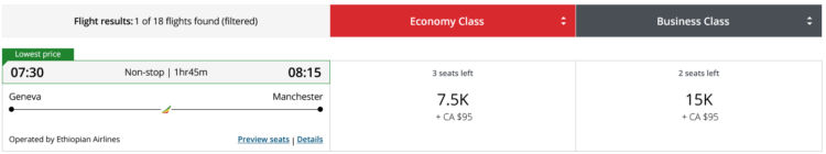 Aeroplan Praemienflug Ethiopian Genf Manchester