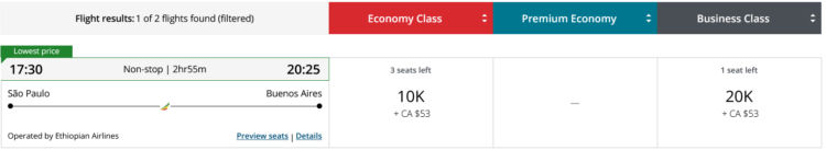 Aeroplan Praemienflug Ethiopian Sao Paulo Buenos Aires