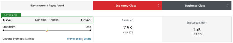Aeroplan Praemienflug Ethiopian Stockholm Oslo