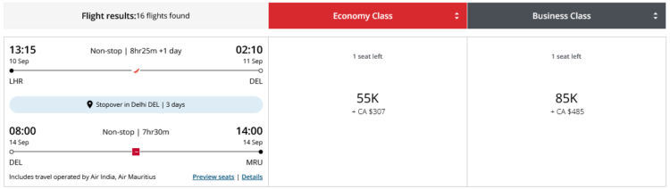 Aeroplan Stopover Pramienflug Business Class London Delhi Mauritius