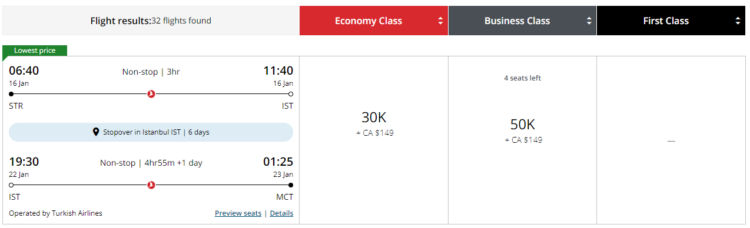 Aeroplan Stopover Pramienflug Turkish Airlines Business Class Stuttgart Istanbul Muscat