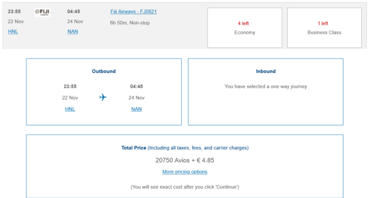 British Airways Club Praemienflug Fiji Airways Economy Class Honolulu Nadi