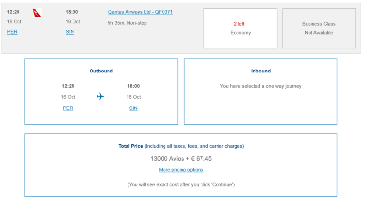 British Airways Club Praemienflug Qantas Economy Class Perth Singapur
