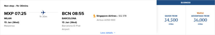 Krisflyer Praemienflug Singapore Airlines Business Class Mailand Barcelona