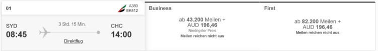 Skywards Praemienflug Emirates Business Class Sydney Christchurch