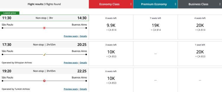 Aeroplan Praemienflug Air Canada Business Class Sao Paulo Buenos Aires