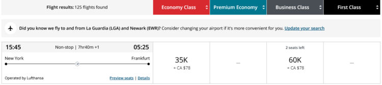 Aeroplan Praemienflug Lufthansa Business Class Frankfurt Los Angeles