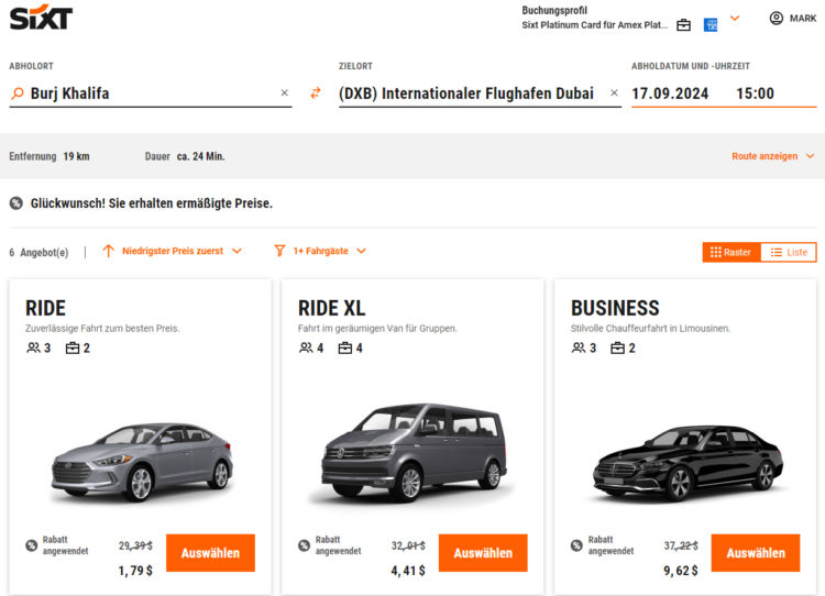 Amex Platinum Sixt Ride Guthaben Dubai
