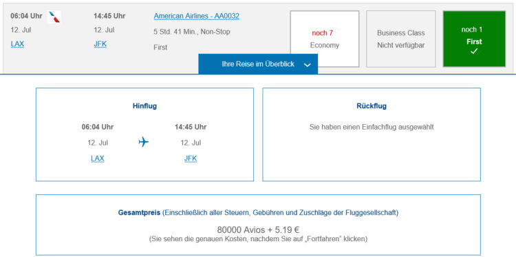 Executive Club Praemienflug American Airlines First Class Los Angeles New York