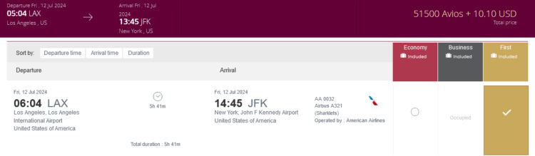 Privilege Club Praemienflug American Airlines First Class Los Angeles New York