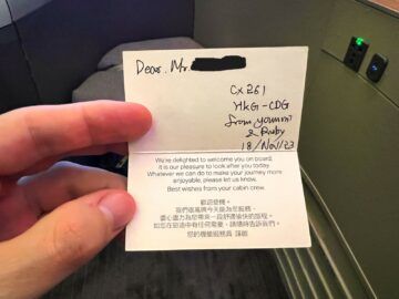 Cathay Pacific First Class Welcome Note 1