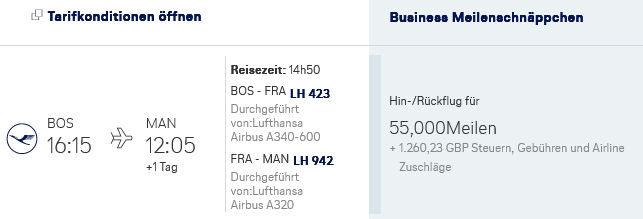 Lufthansa Meilenschnaeppchen Business Class Manchester Frankfurt Boston