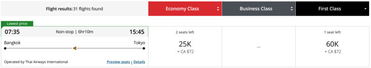 Aeroplan Praemienflug Thai Airways First Class Bangkok Tokio