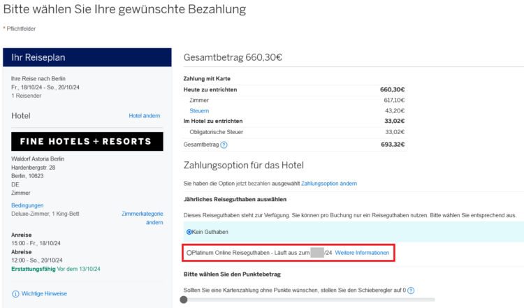 American Express Platinum Reiseguthaben Hotelbuchung