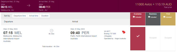 Privilege Club Praemienflug Virgin Australia Economy Class Melbourne Perth