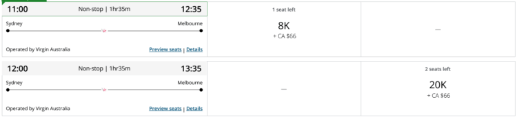 Aeroplan Praemienflug Virgin Australia Sydney Melbourne