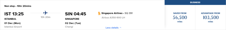 Krisflyer Praemienflug Singapore Airlines Business Class Istanbul Singapur