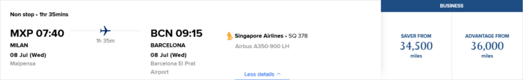 Krisflyer Praemienflug Singapore Airlines Business Class Mailand Barcelona