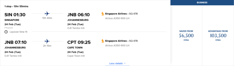 Krisflyer Praemienflug Singapore Airlines Business Class Singapur Johannesburg Kapstadt