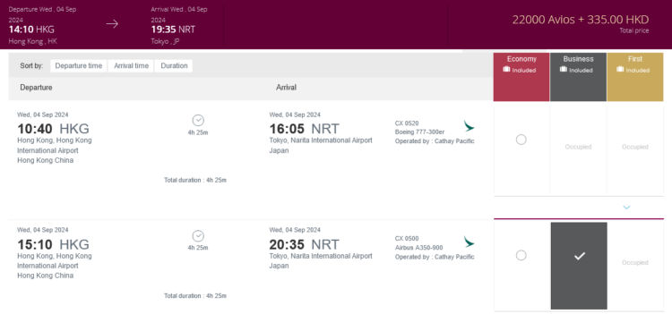 Privilege Club Praemienflug Cathay Pacific Business Class Hongkong Tokio