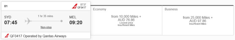 Skywards Praemienflug Qantas Sydney Melbourne