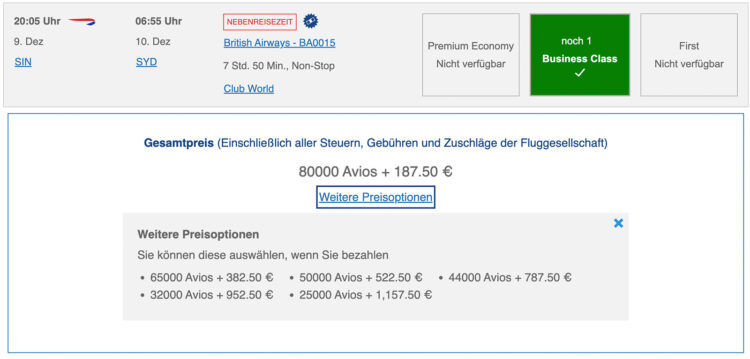 British Airways Club Praemienflug British Airways Business Class Singapur Sydney Dezember 2025
