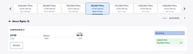 Flying Blue Praemienflug Air France Business Class Los Angeles Papeete Dezember 2025