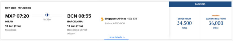Krisflyer Praemienflug Singapore Airlines Business Class Mailand Barcelona