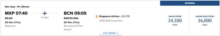 Krisflyer Praemienflug Singapore Airlines Business Class Mailand Barcelona November 2025