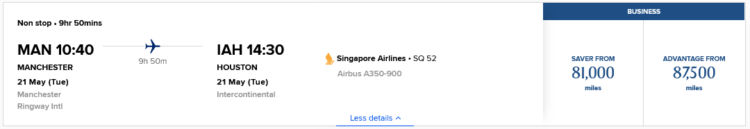 Krisflyer Praemienflug Singapore Airlines Business Class Manchester Houston