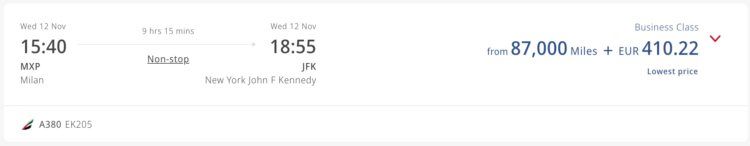 Skywards Praemienflug Emirates Business Class Mailand New York November 2025