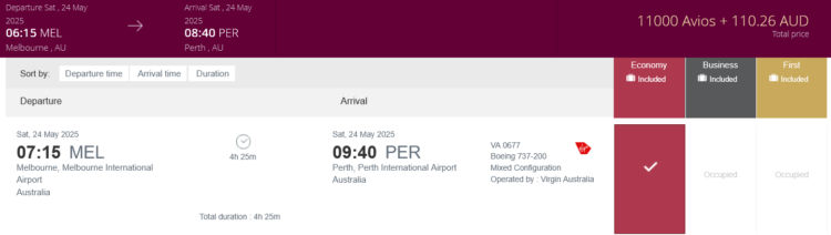 Privilege Club Praemienflug Virgin Australia Economy Class Melbourne Perth