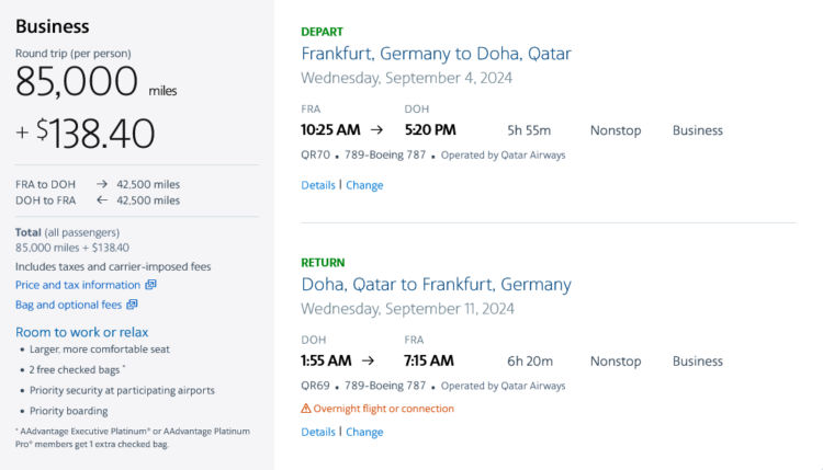 Aadvantage Praemienflug Qatar Airways Business Class Frankfurt Doha Return