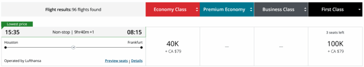 Aeroplan Praemienflug Lufthansa First Class Houston Frankfurt